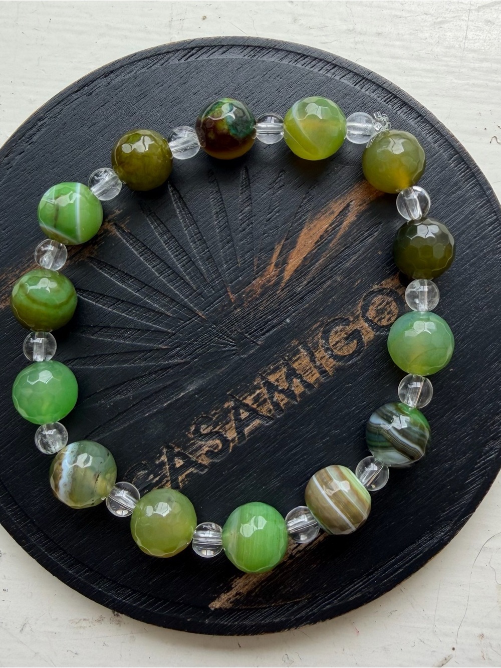Medium Green Agate and Quartz Bead Stretch Bracelet - Women’s Fashion Jewelry